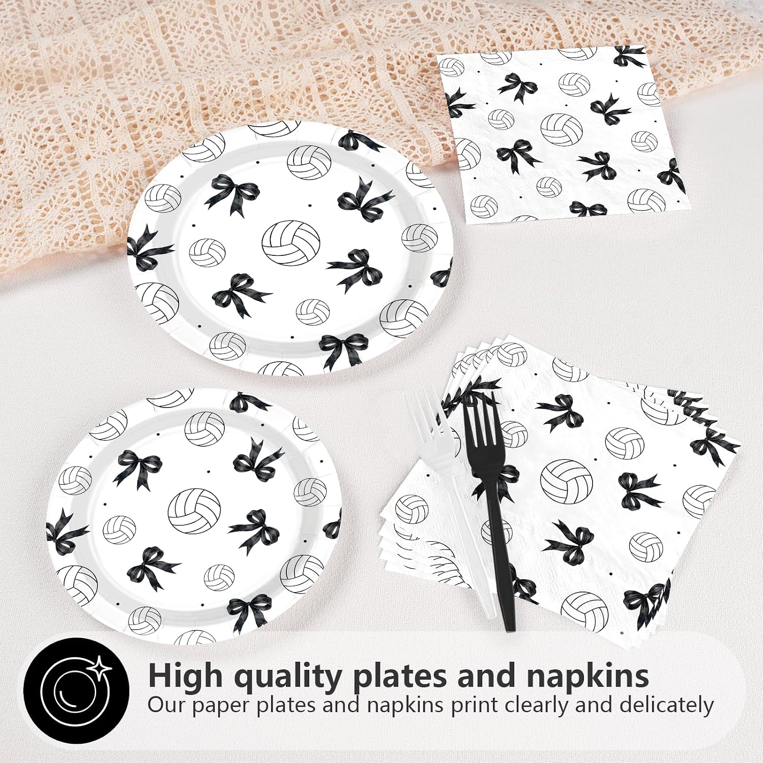 96 Pcs Black Bow Volleyball Party Plates and Napkins - Grencian