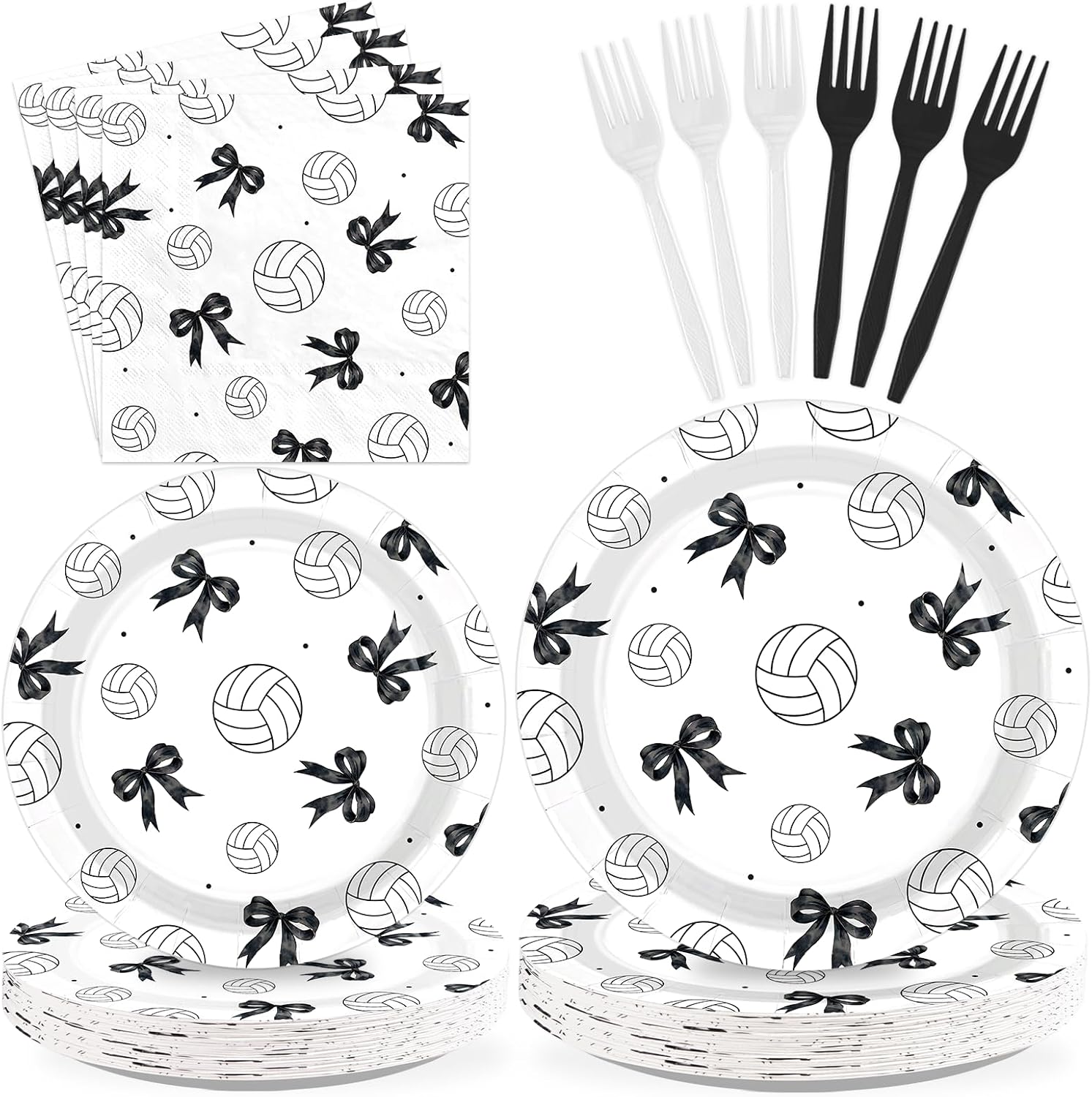 96 Pcs Black Bow Volleyball Party Plates and Napkins - Grencian