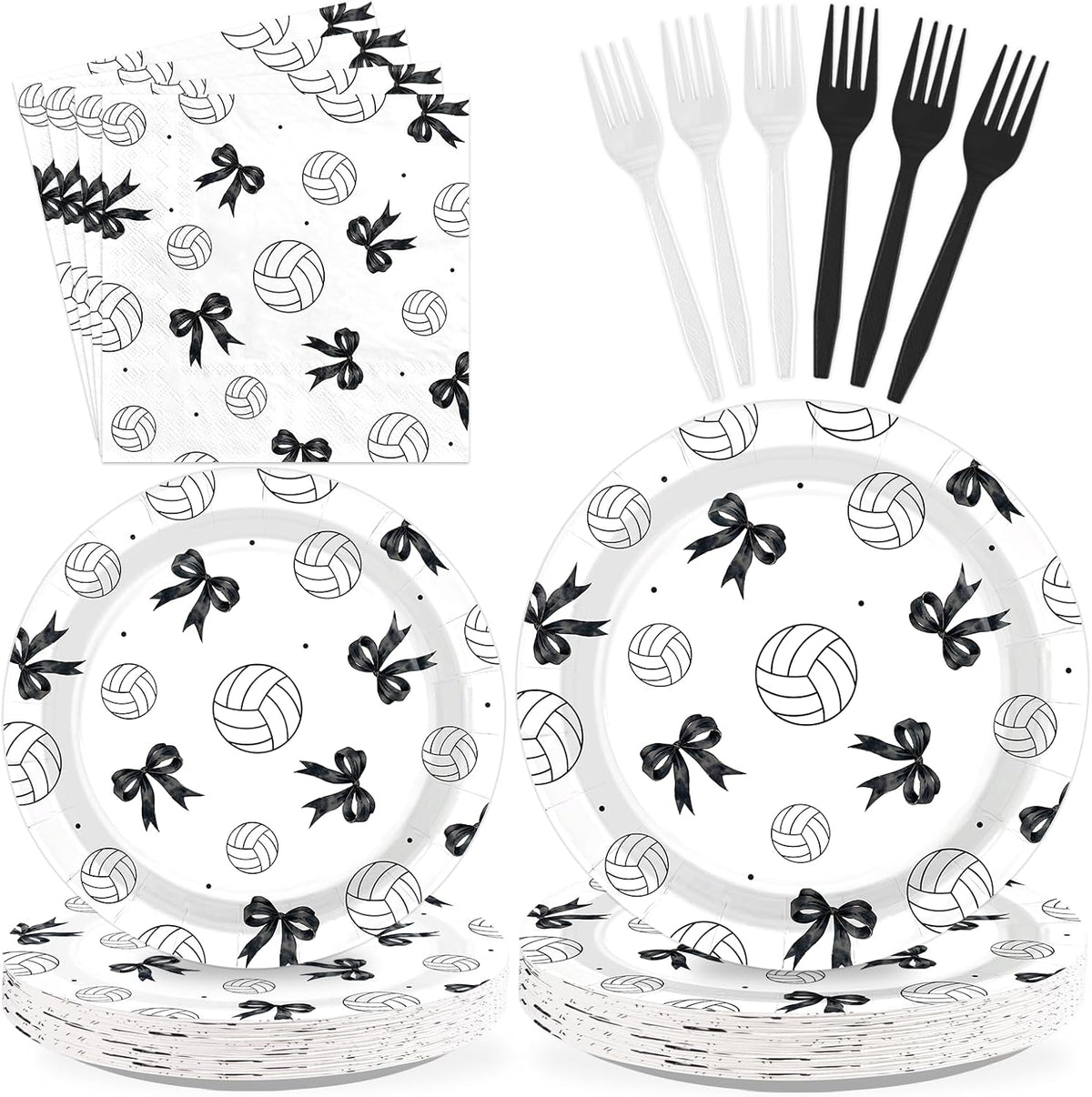 96 Pcs Black Bow Volleyball Party Plates and Napkins - Grencian