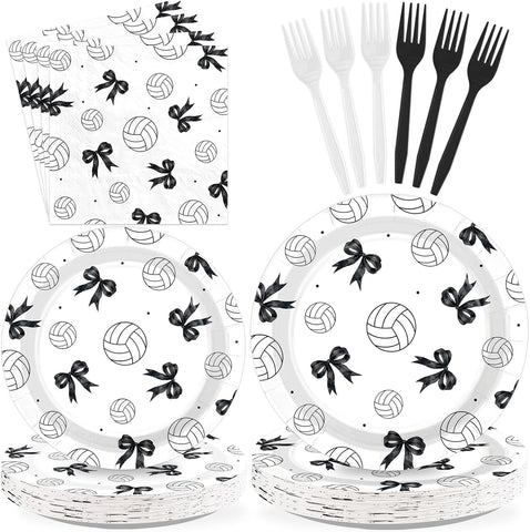 96 Pcs Black Bow Volleyball Party Plates and Napkins - Grencian