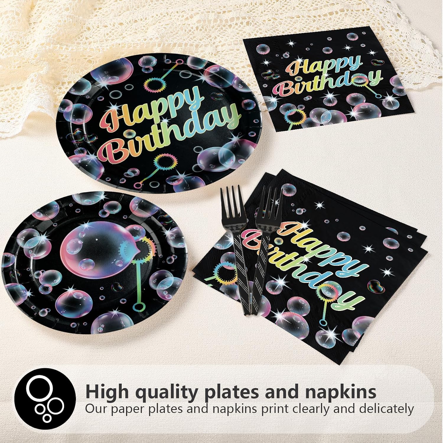Black Bubble Birthday Plates & Napkins Set - 96 Pcs - image 3