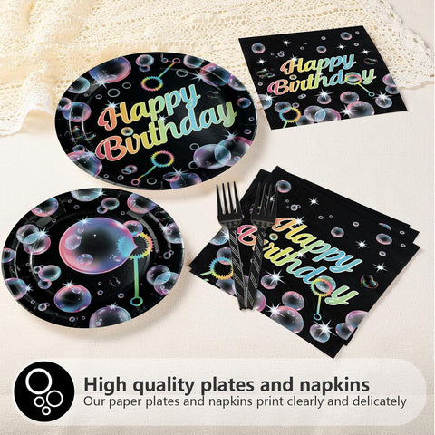 Black Bubble Birthday Plates & Napkins Set - 96 Pcs - image 3