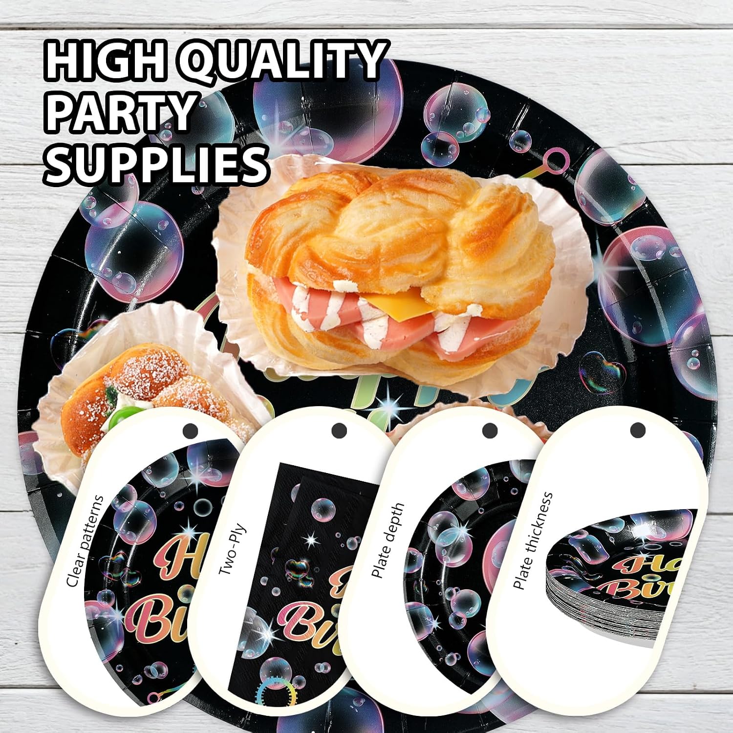 Black Bubble Birthday Plates & Napkins Set - 96 Pcs - image 6