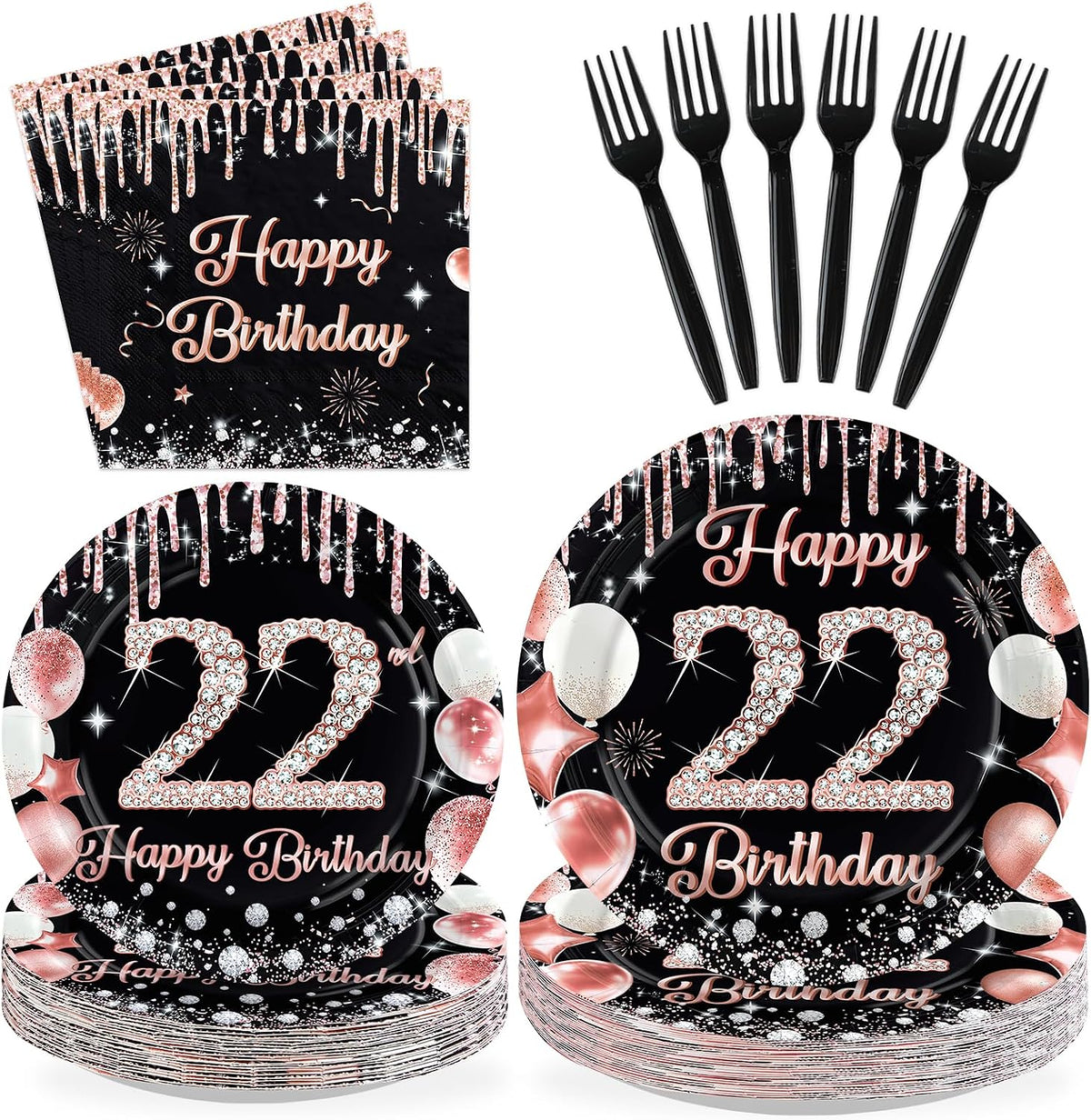 96 Pcs Black Rose 22th Birthday Party Plates and Napkins - Grencian