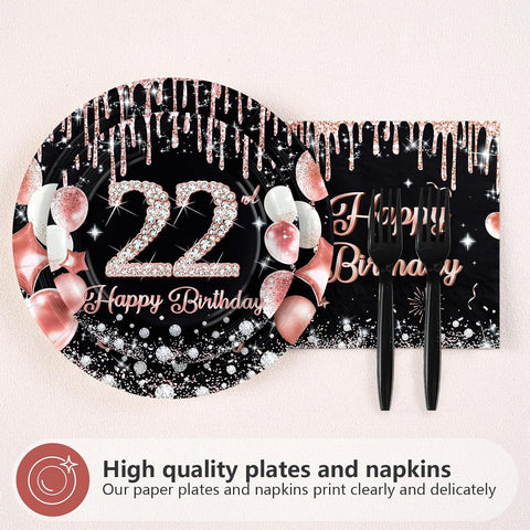 96 Pcs Black Rose 22th Birthday Party Plates and Napkins - Grencian