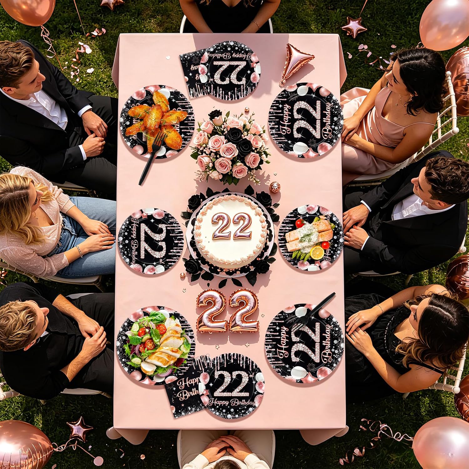 96 Pcs Black Rose 22th Birthday Party Plates and Napkins - Grencian