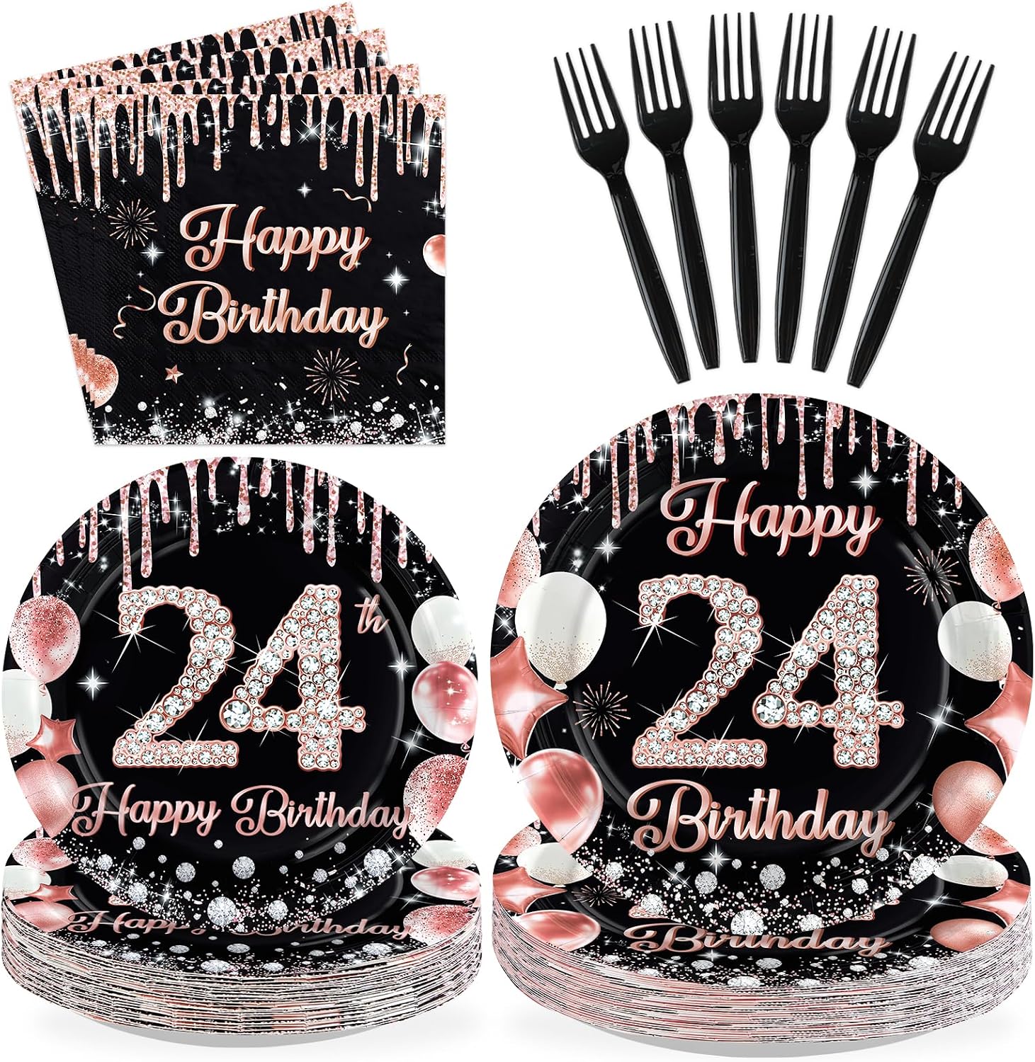 96 Pcs Black Rose 24th Birthday Party Plates and Napkins - Grencian