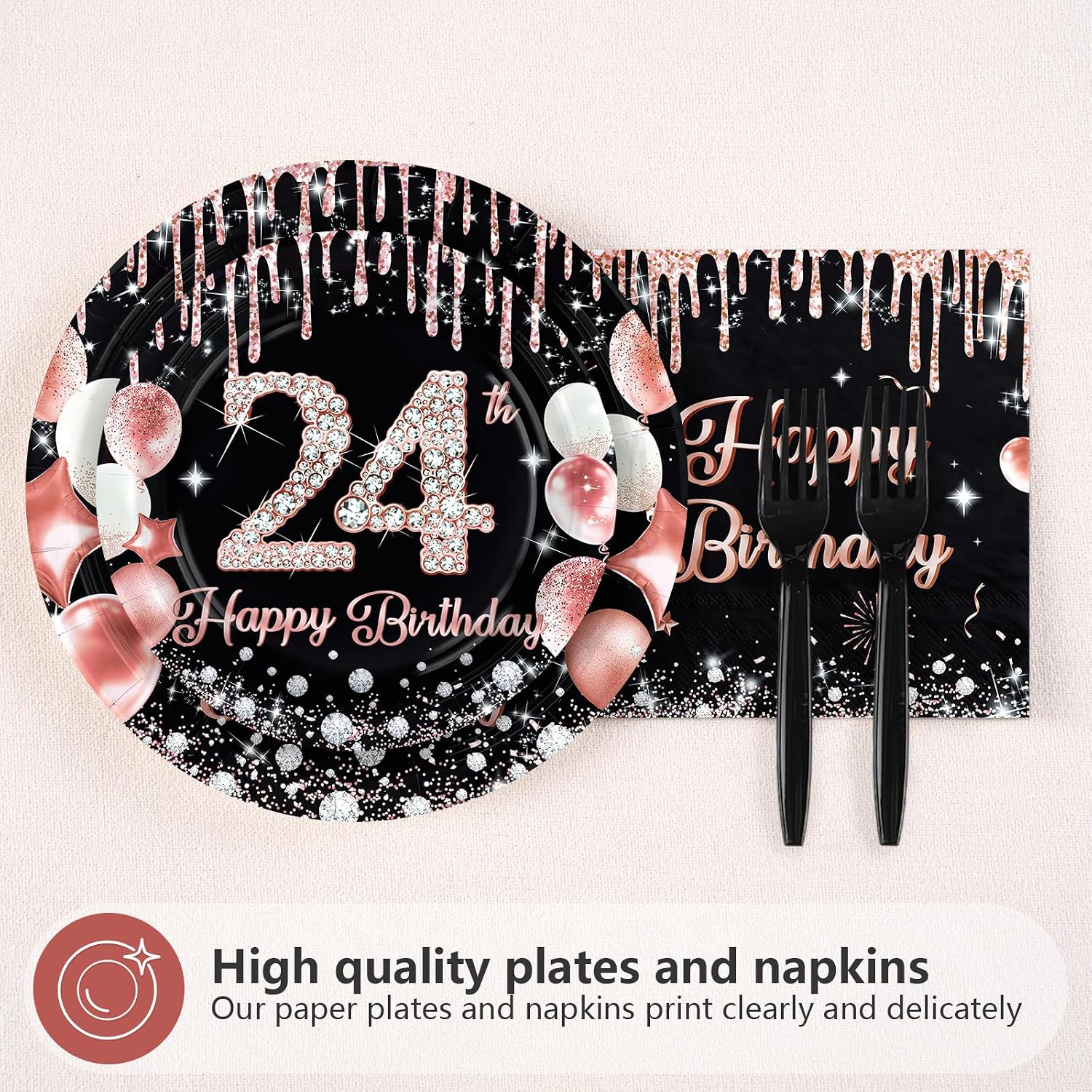 96 Pcs Black Rose 24th Birthday Party Plates and Napkins - Grencian