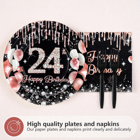 96 Pcs Black Rose 24th Birthday Party Plates and Napkins - Grencian