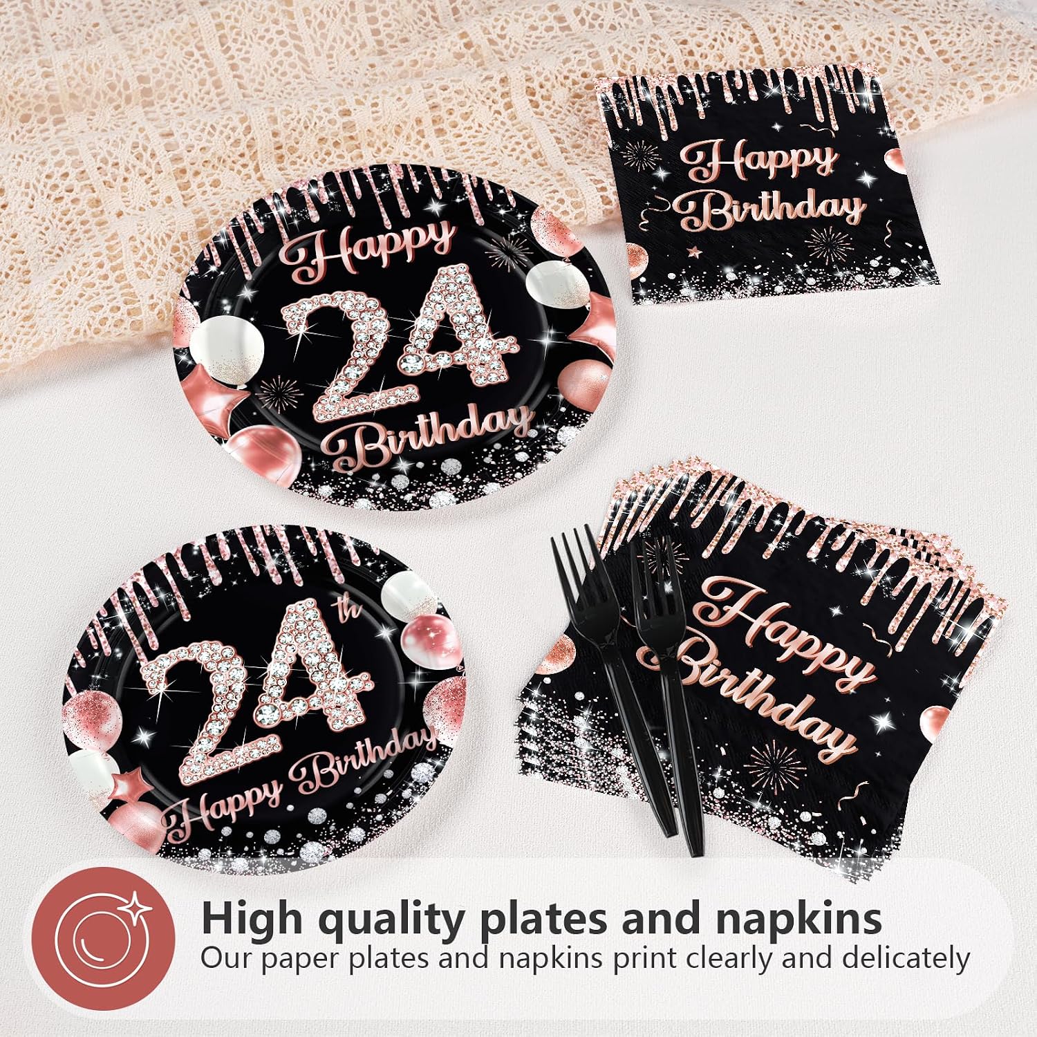 96 Pcs Black Rose 24th Birthday Party Plates and Napkins - Grencian