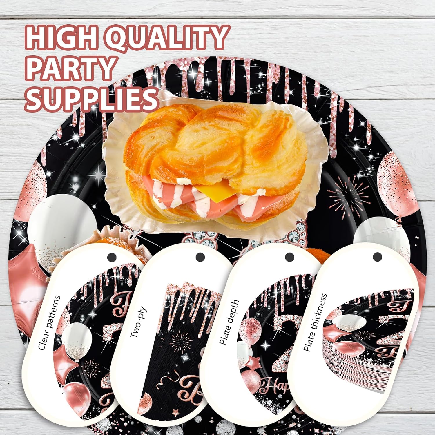 96 Pcs Black Rose 24th Birthday Party Plates and Napkins - Grencian