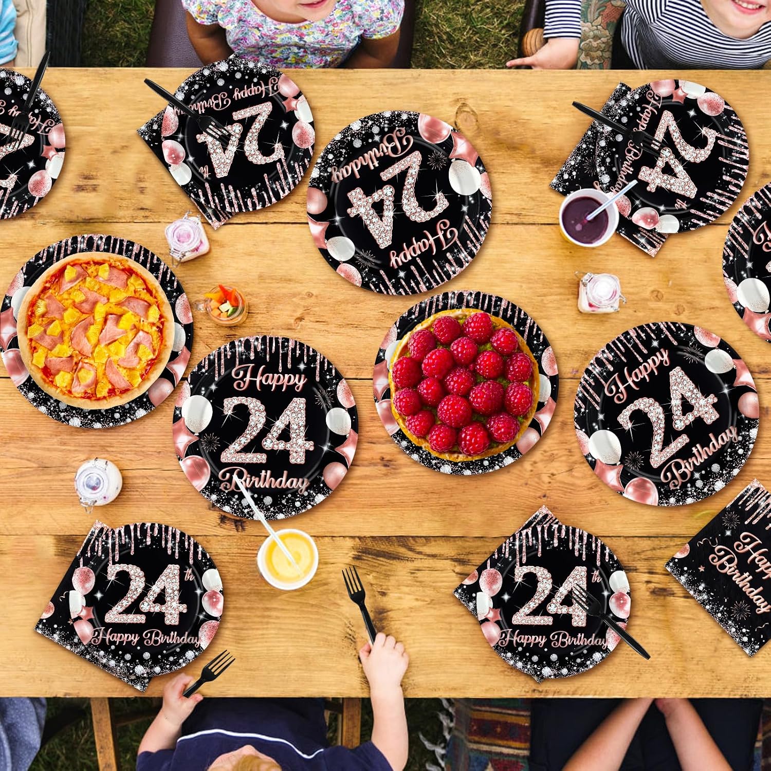 96 Pcs Black Rose 24th Birthday Party Plates and Napkins - Grencian