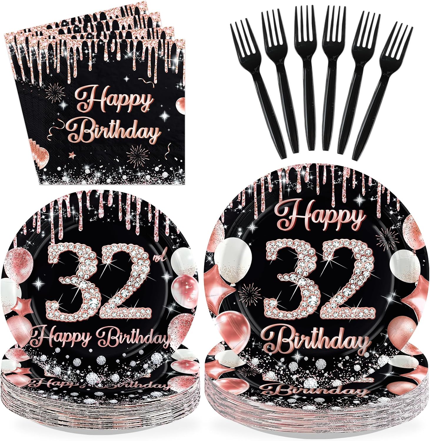 96 Pcs Black Rose 32th Birthday Party Plates and Napkins - Grencian