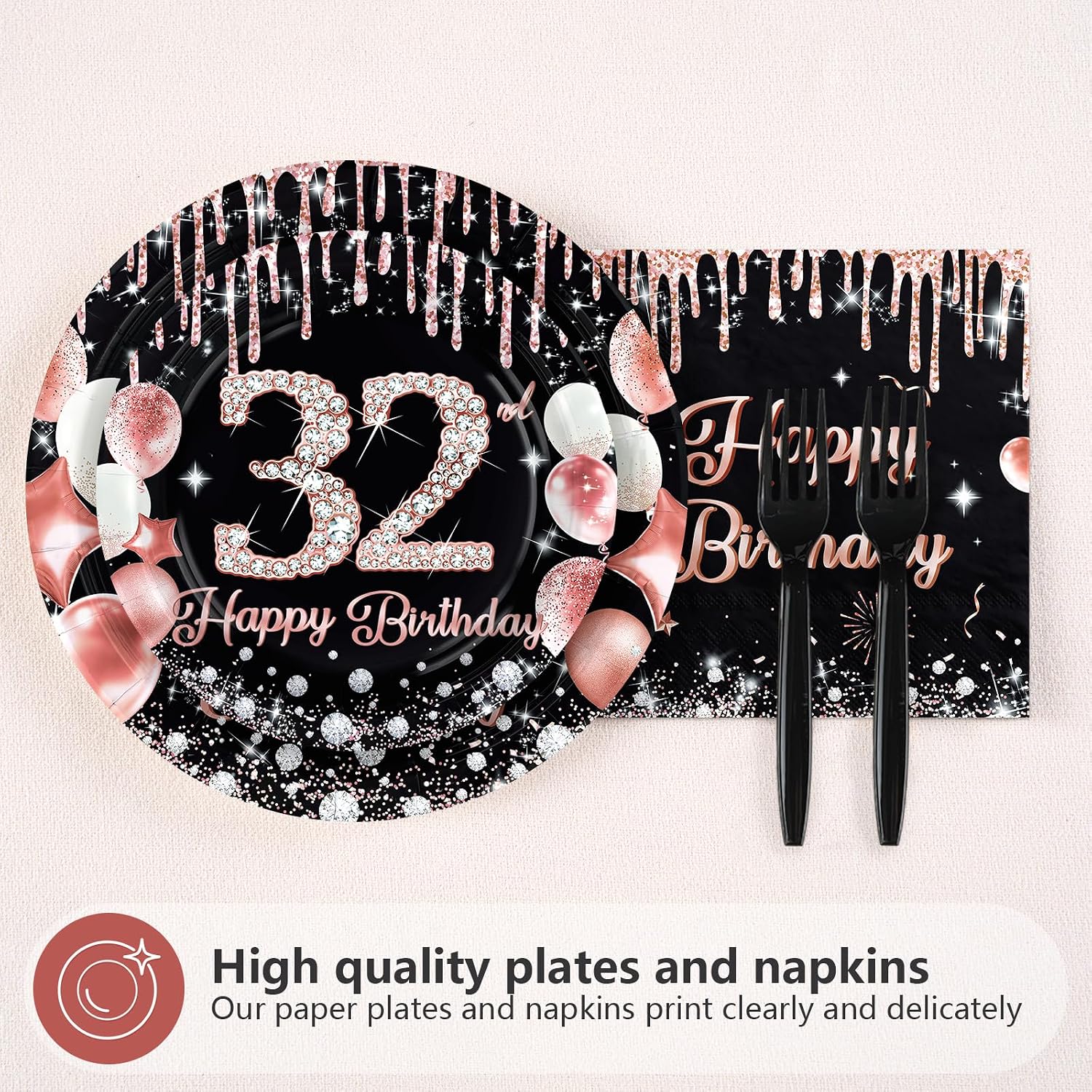 96 Pcs Black Rose 32th Birthday Party Plates and Napkins - Grencian