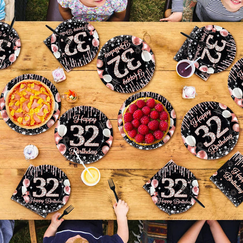 96 Pcs Black Rose 32th Birthday Party Plates and Napkins - Grencian