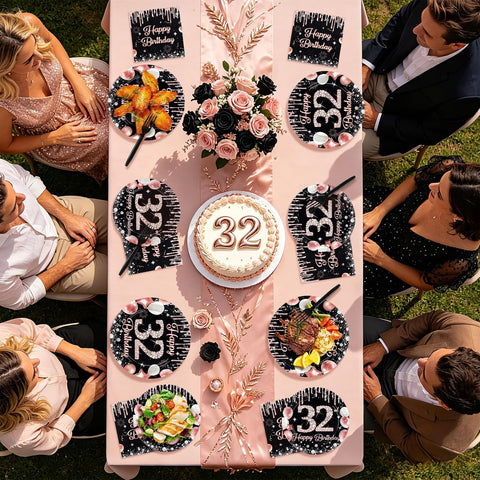 96 Pcs Black Rose 32th Birthday Party Plates and Napkins - Grencian