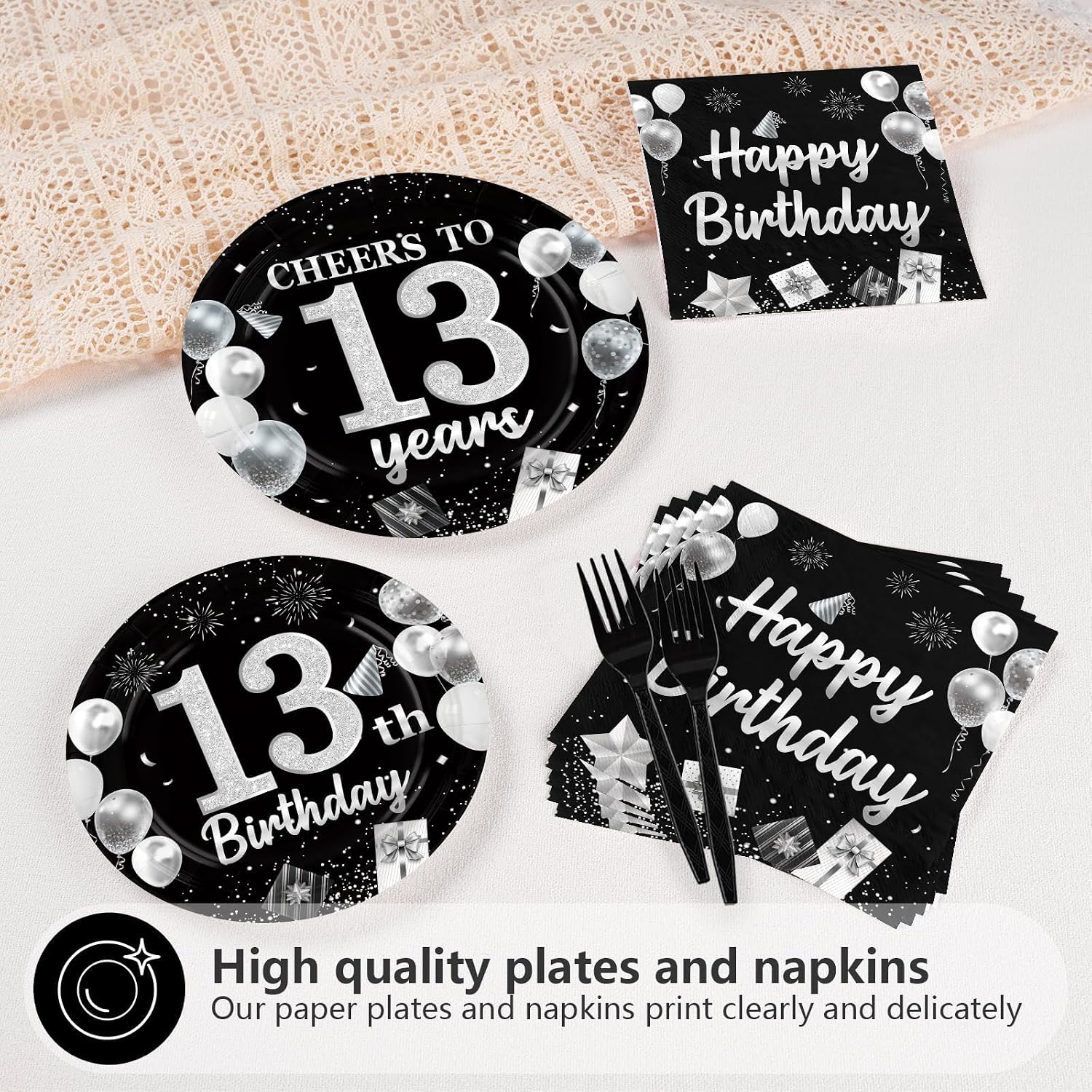 Black and Silver 13th Birthday 7-inch Dessert Plates Detail View