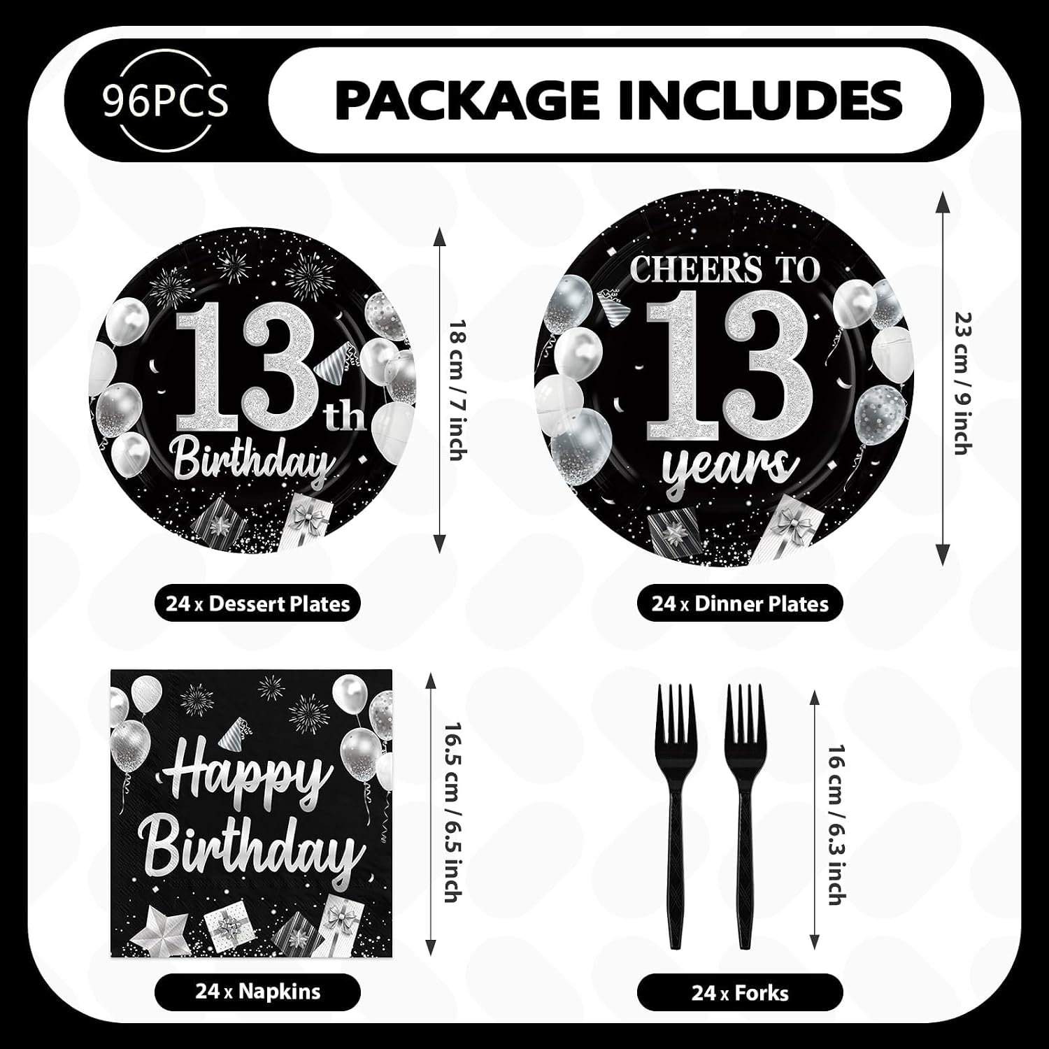 Black and Silver 13th Birthday 9-inch Dinner Plates with Cheers to 13 Years Design