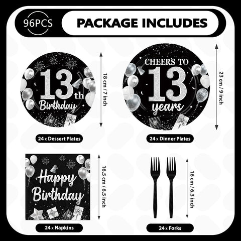 Black and Silver 13th Birthday 9-inch Dinner Plates with Cheers to 13 Years Design