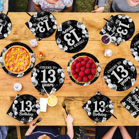 Complete Black and Silver 13th Birthday Tableware Collection Lifestyle Display