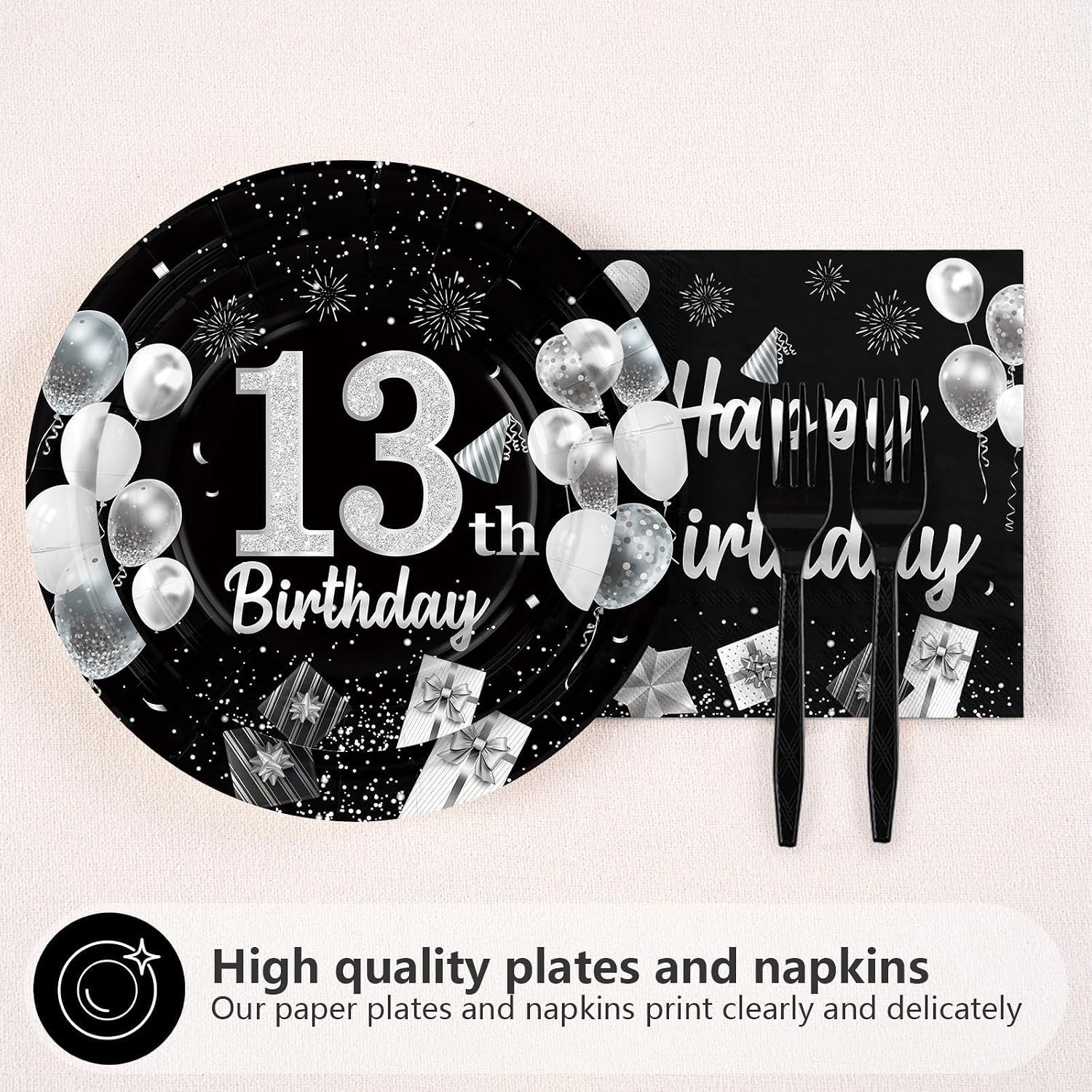 Black and Silver 13th Birthday Party Table Setting with Plates Napkins and Forks