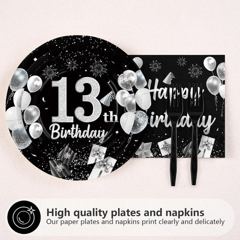 Black and Silver 13th Birthday Party Table Setting with Plates Napkins and Forks