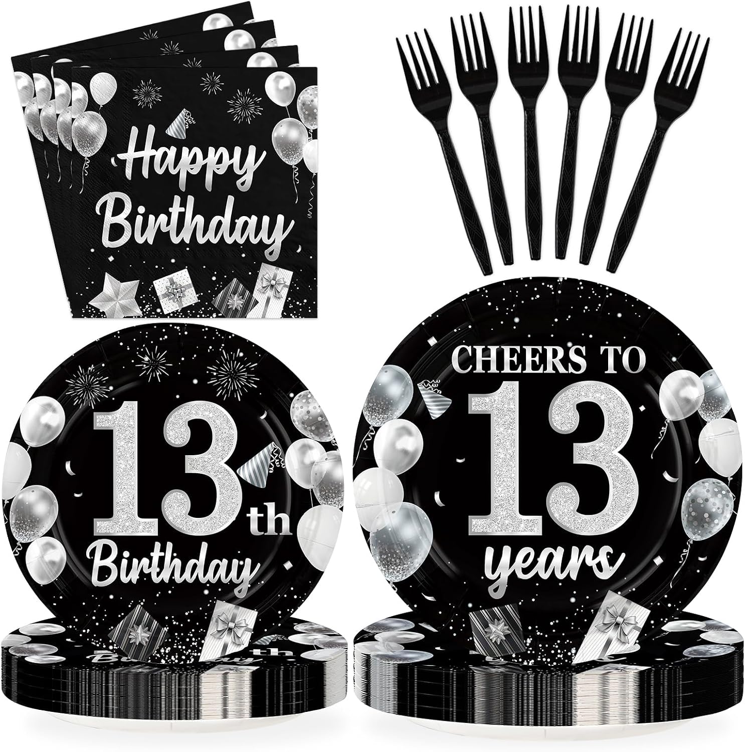 Black and Silver Cheers to 13 Years Birthday Plates and Napkins Set - 96 Pieces