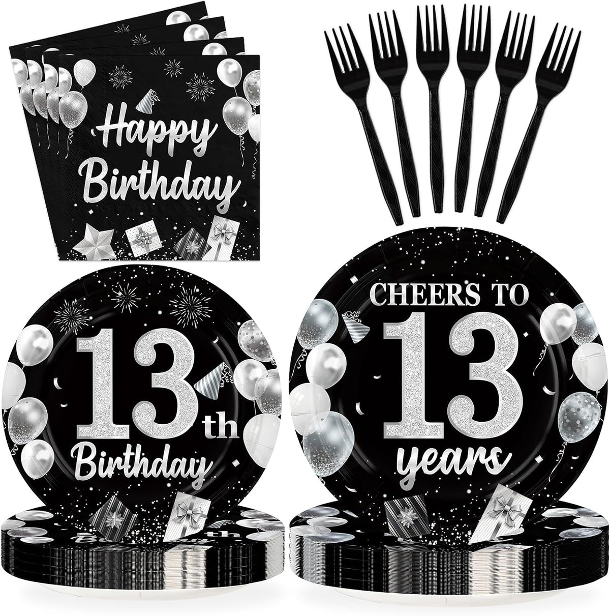 Black and Silver Cheers to 13 Years Birthday Plates and Napkins Set - 96 Pieces