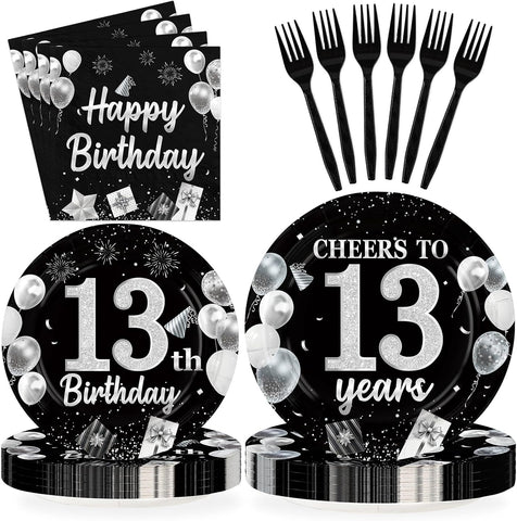 Black and Silver Cheers to 13 Years Birthday Plates and Napkins Set - 96 Pieces