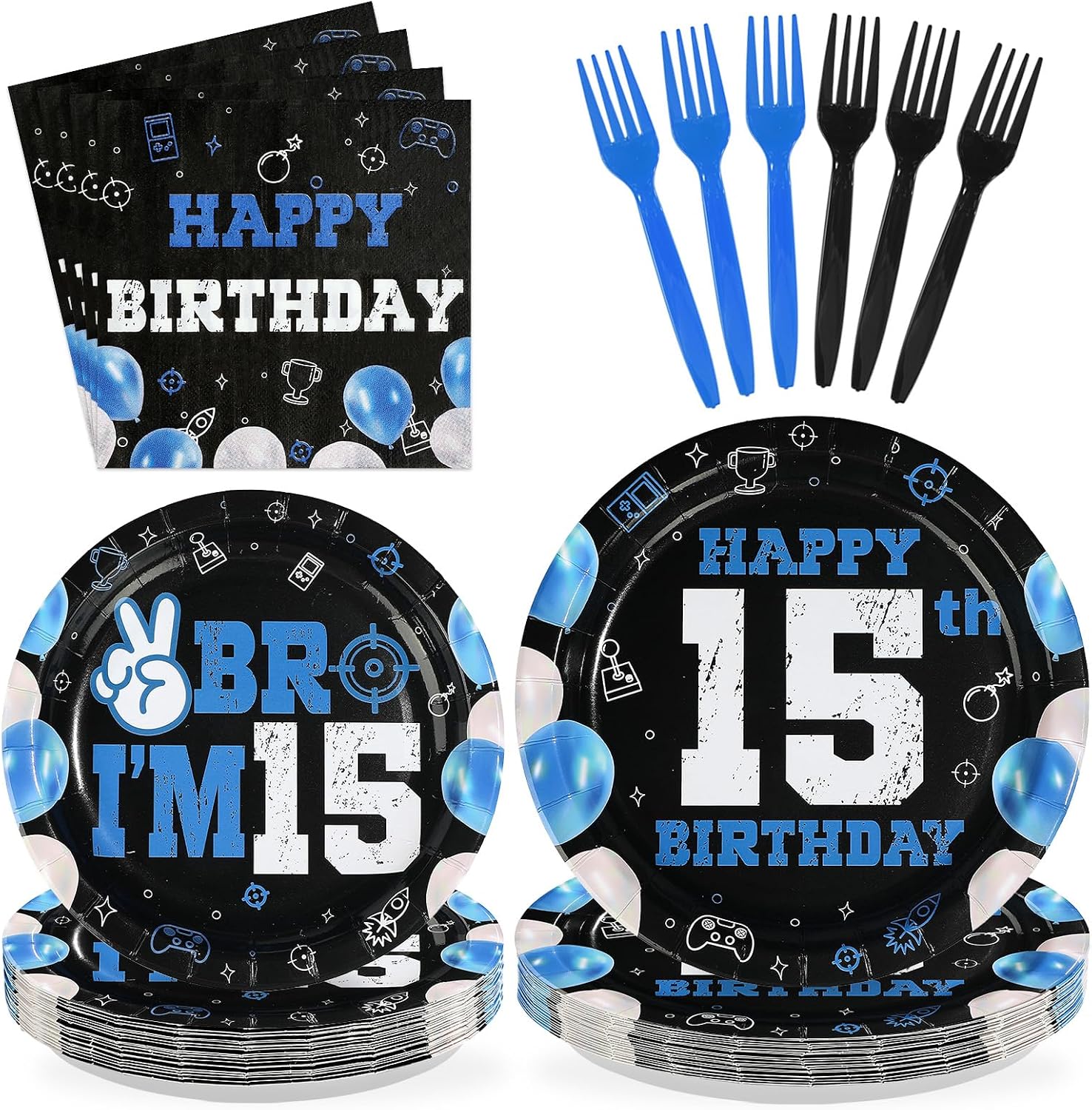 Blue Black 15th Birthday Plates & Napkins Set - 96 Pcs - image 1