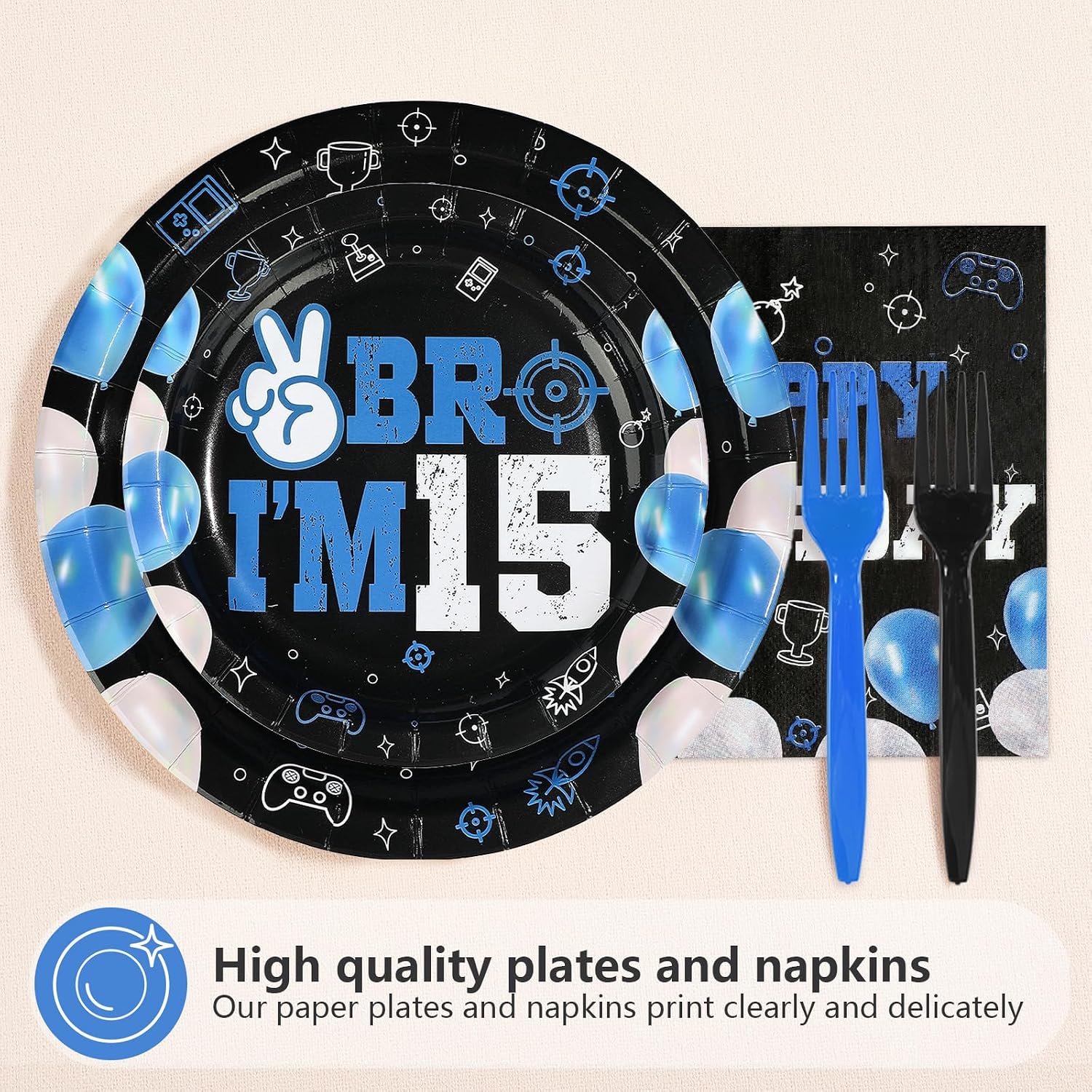 Blue Black 15th Birthday Plates & Napkins Set - 96 Pcs - image 2