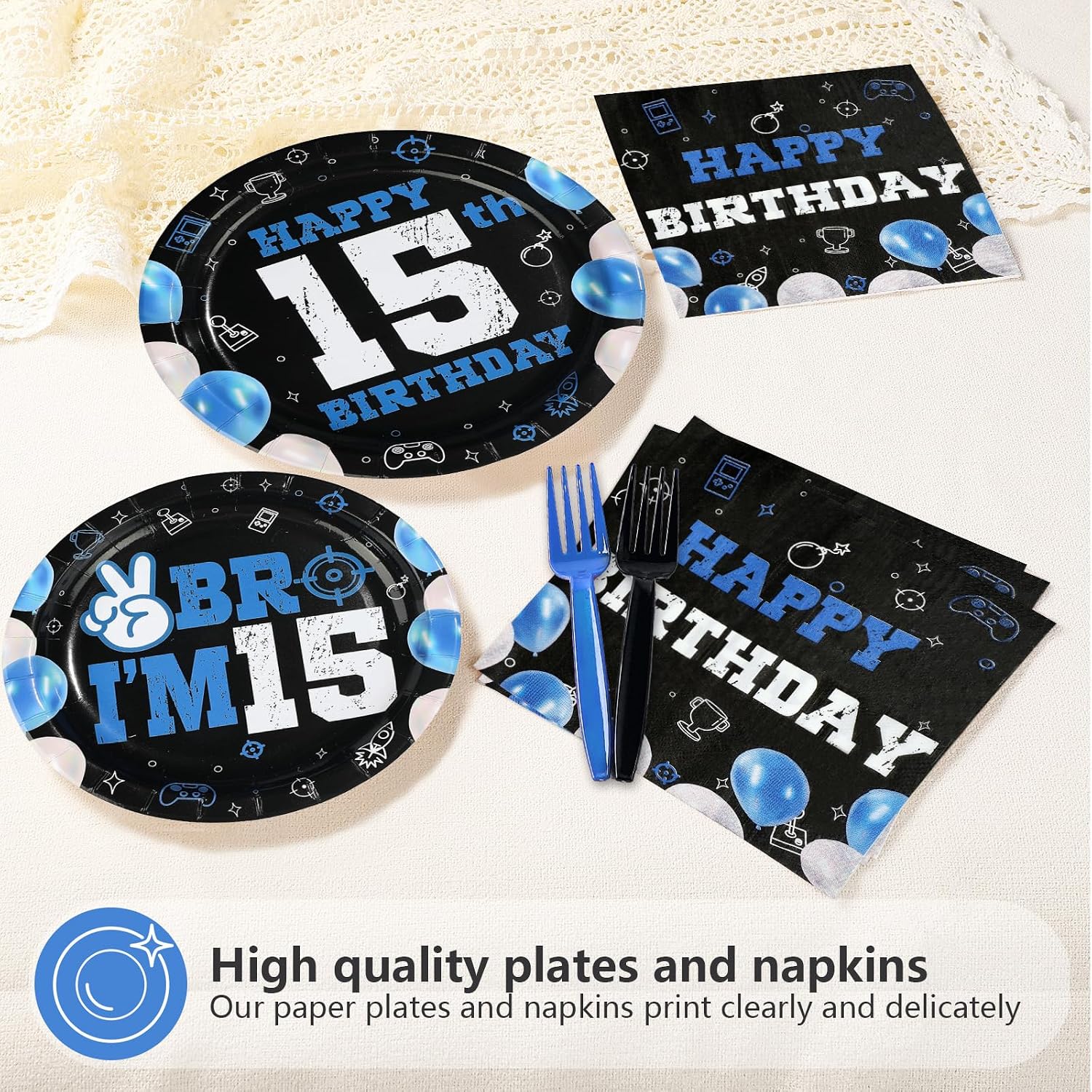 Blue Black 15th Birthday Plates & Napkins Set - 96 Pcs - image 3