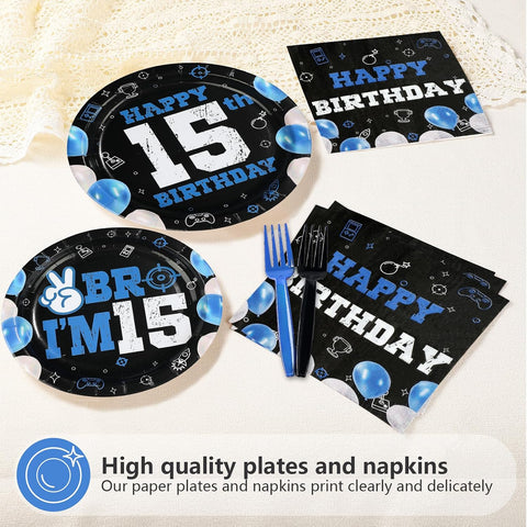 Blue Black 15th Birthday Plates & Napkins Set - 96 Pcs - image 3