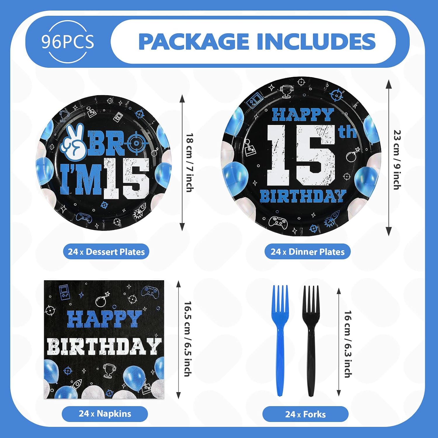 Blue Black 15th Birthday Plates & Napkins Set - 96 Pcs - image 5