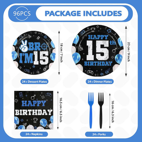 Blue Black 15th Birthday Plates & Napkins Set - 96 Pcs - image 5