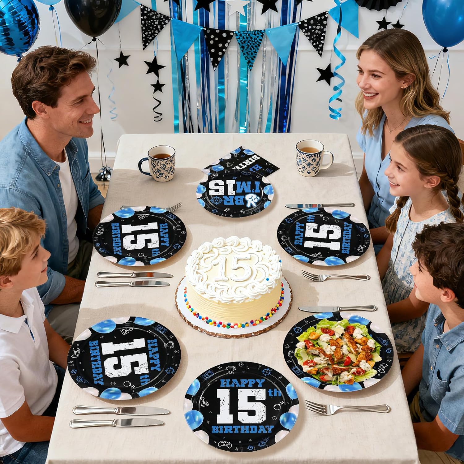 Blue Black 15th Birthday Plates & Napkins Set - 96 Pcs - image 8