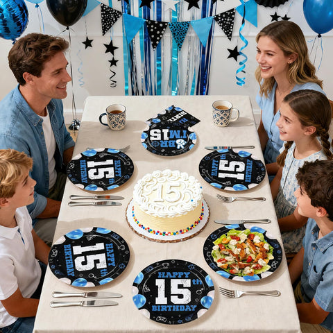 Blue Black 15th Birthday Plates & Napkins Set - 96 Pcs - image 8