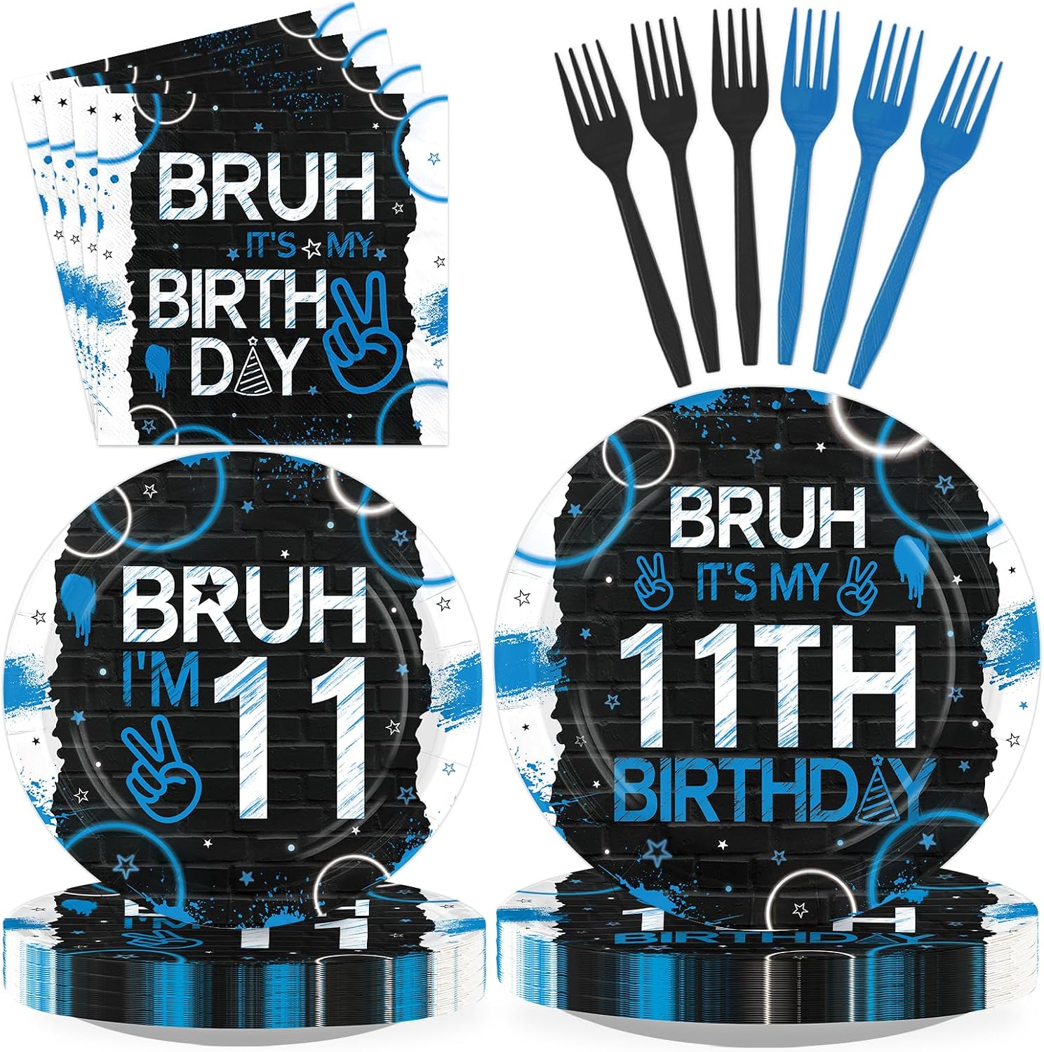 Bruh 11th birthday blue and black plates and napkins set 96 pieces