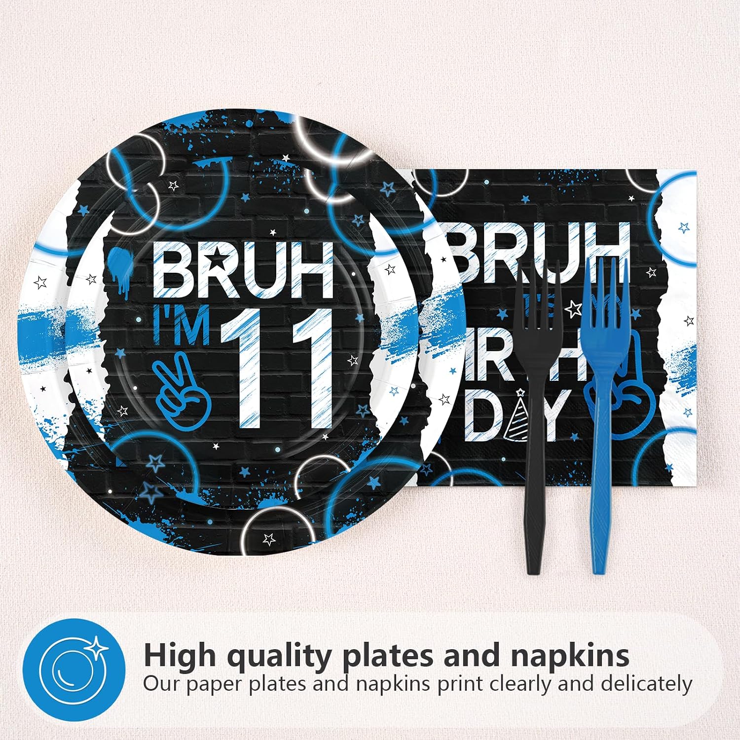 Bruh 11th birthday blue and black plates and napkins set 96 pieces
