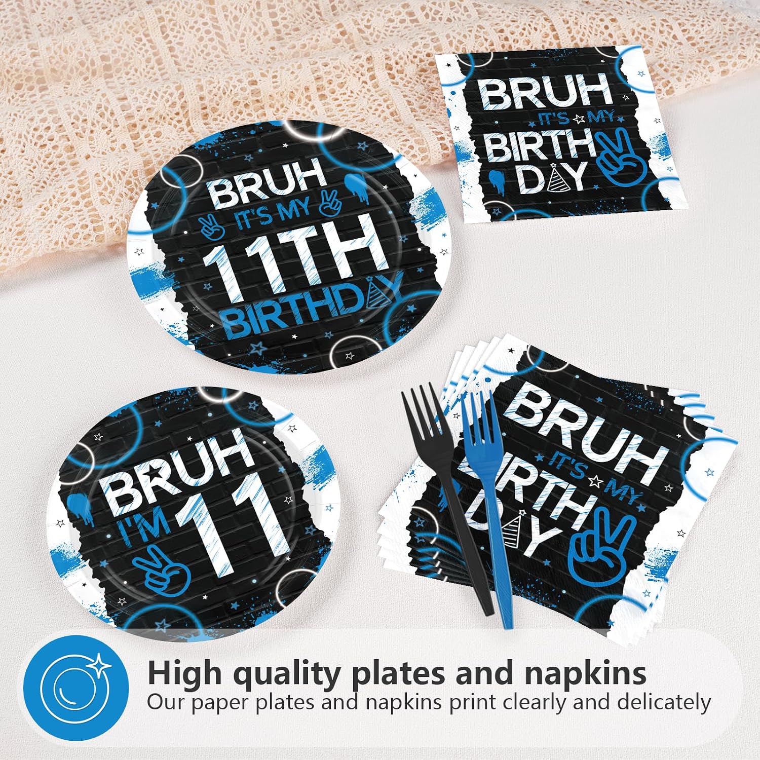 Bruh 11th birthday blue and black plates and napkins set 96 pieces