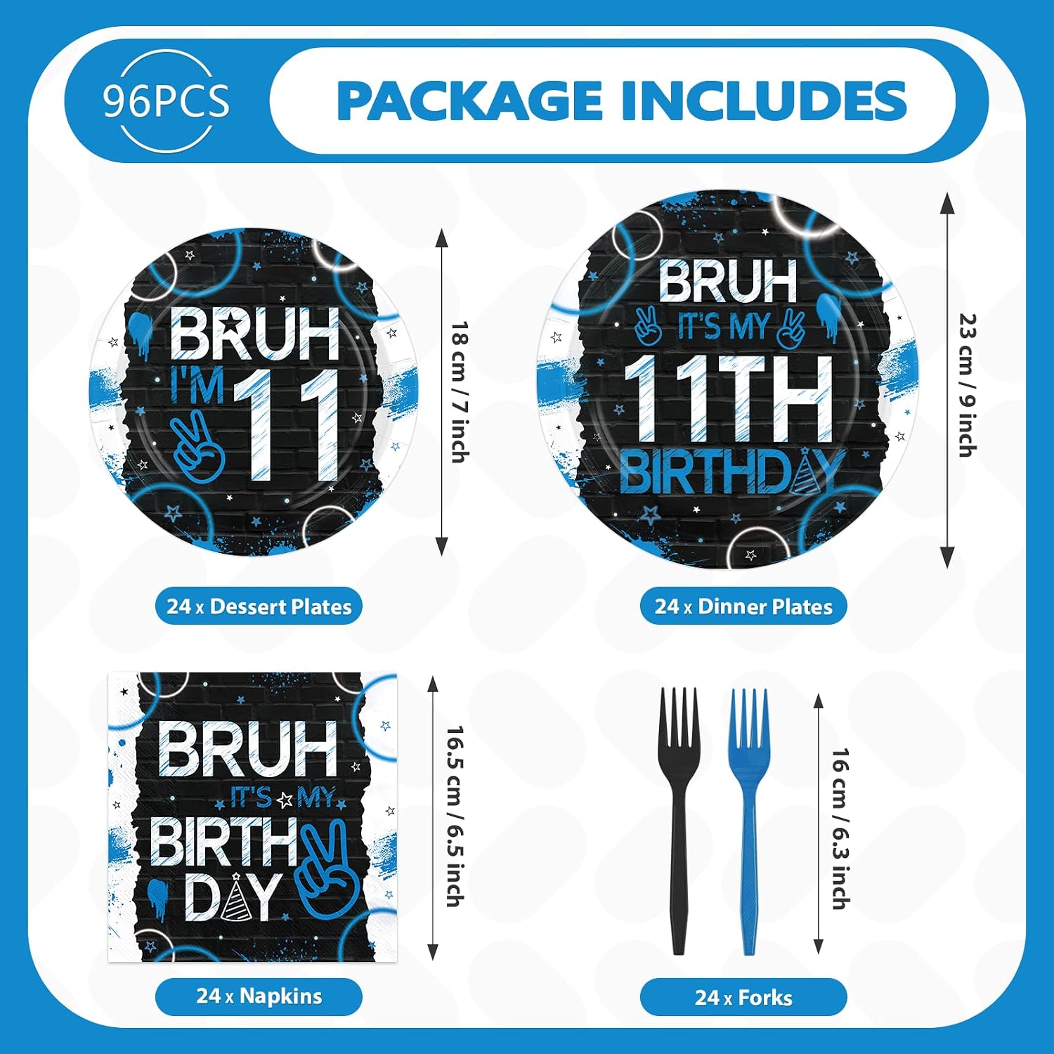 Bruh 11th birthday blue and black plates and napkins set 96 pieces