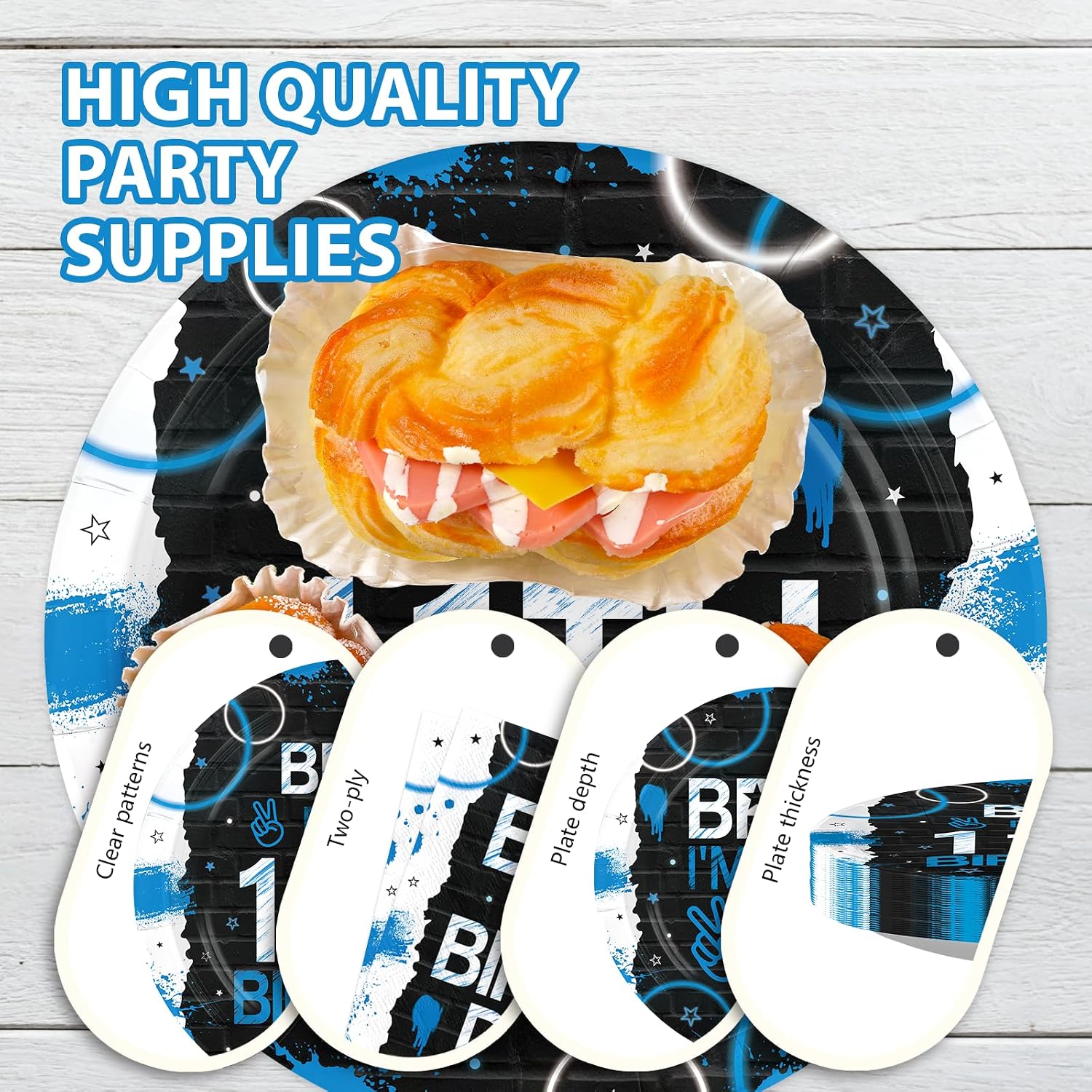 Bruh 11th birthday blue and black plates and napkins set 96 pieces