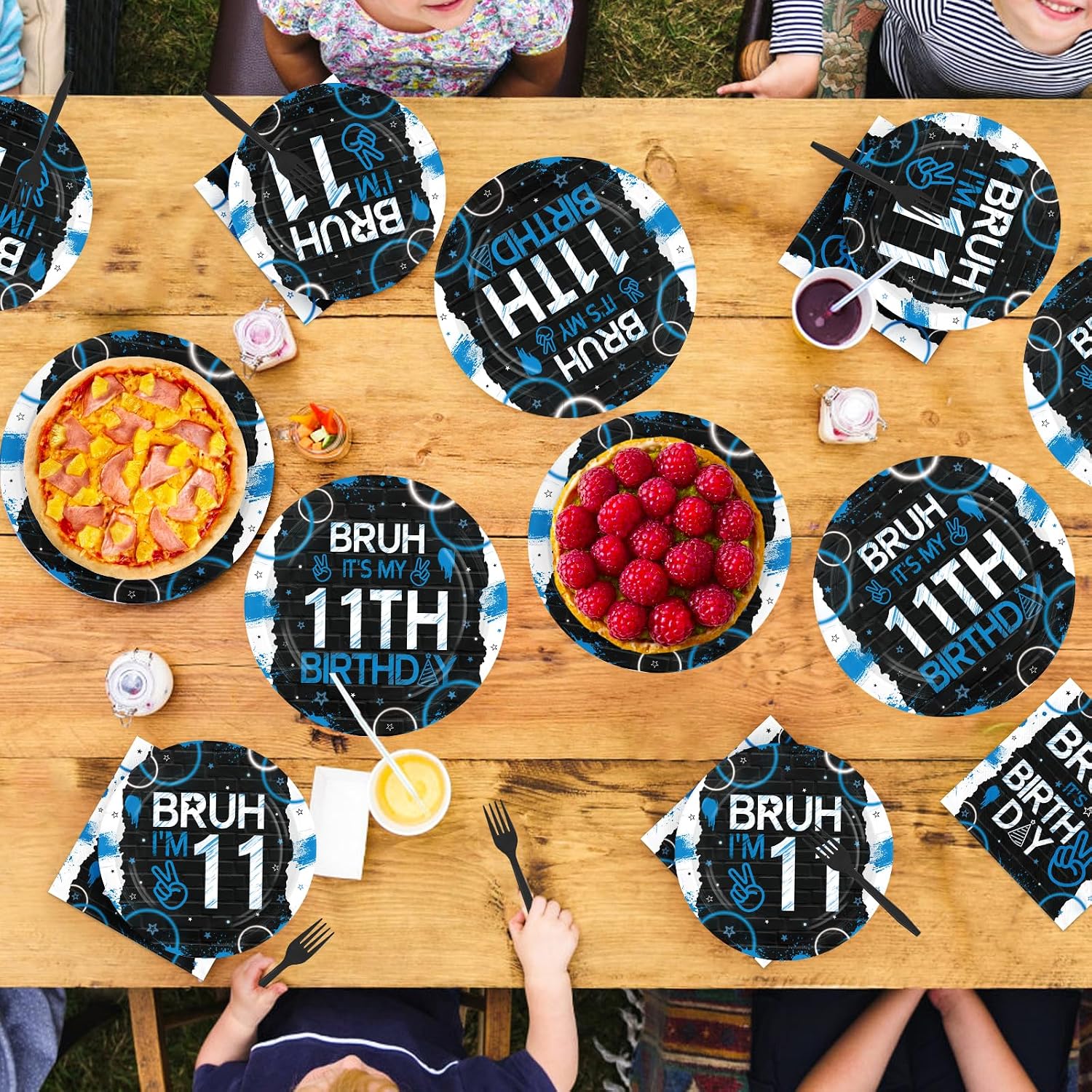 Bruh 11th birthday blue and black plates and napkins set 96 pieces