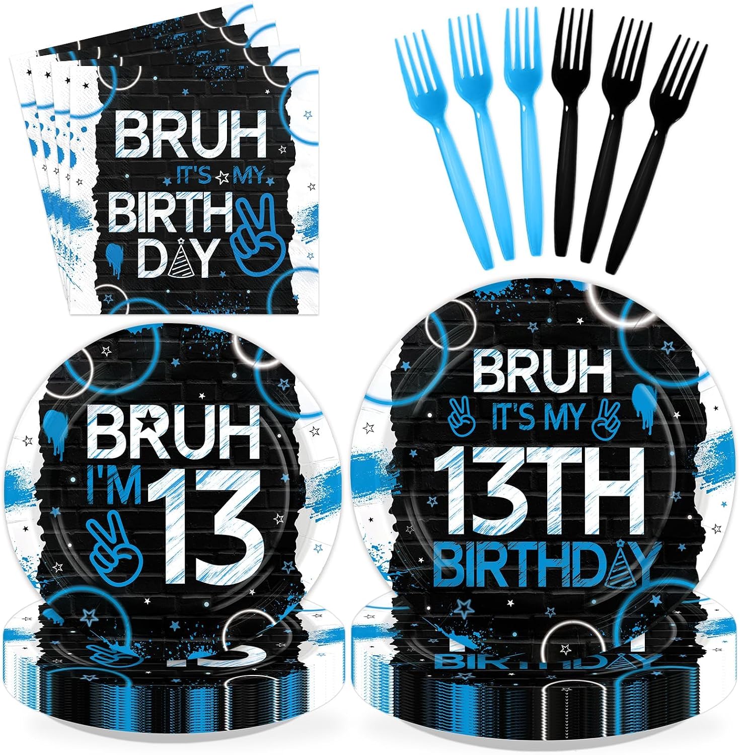 Bruh 13th birthday blue and black plates and napkins set 96 pieces