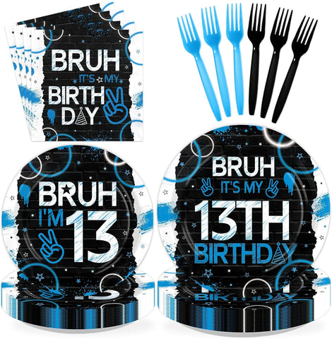 Bruh 13th birthday blue and black plates and napkins set 96 pieces