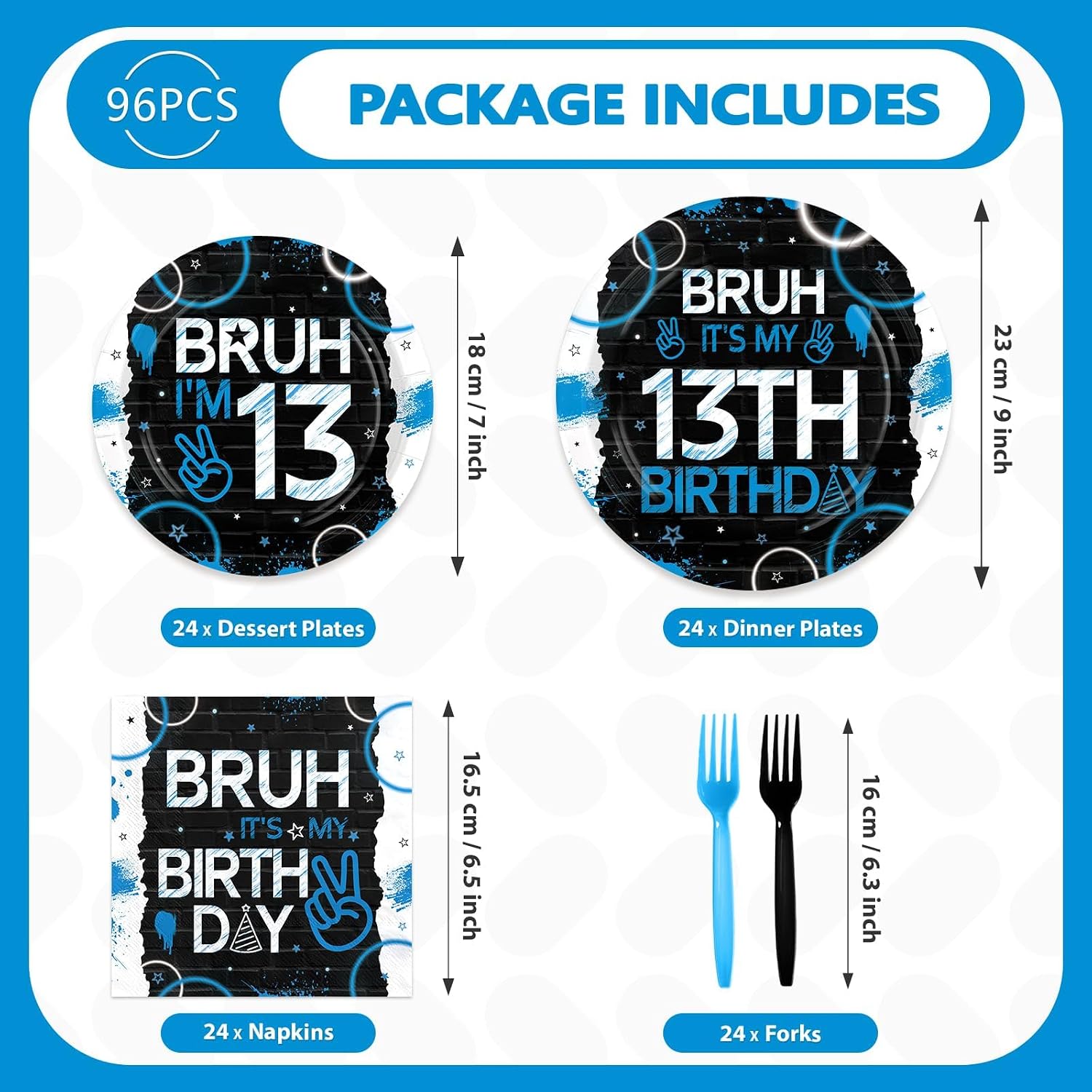 Bruh 13th birthday blue and black plates and napkins set 96 pieces