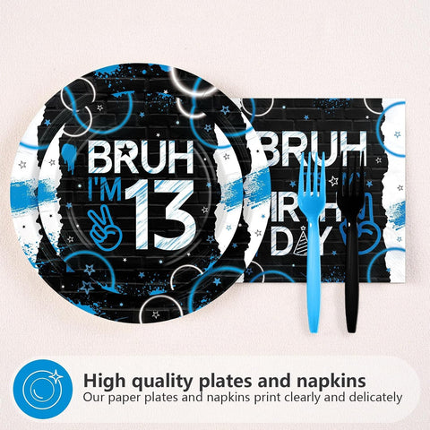 Bruh 13th birthday blue and black plates and napkins set 96 pieces