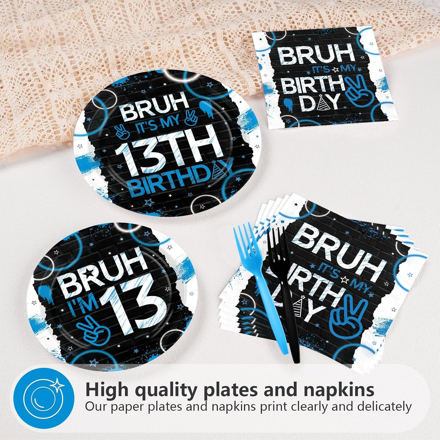 Bruh 13th birthday blue and black plates and napkins set 96 pieces