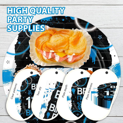 Bruh 13th birthday blue and black plates and napkins set 96 pieces