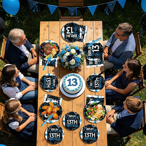 Bruh 13th birthday blue and black plates and napkins set 96 pieces